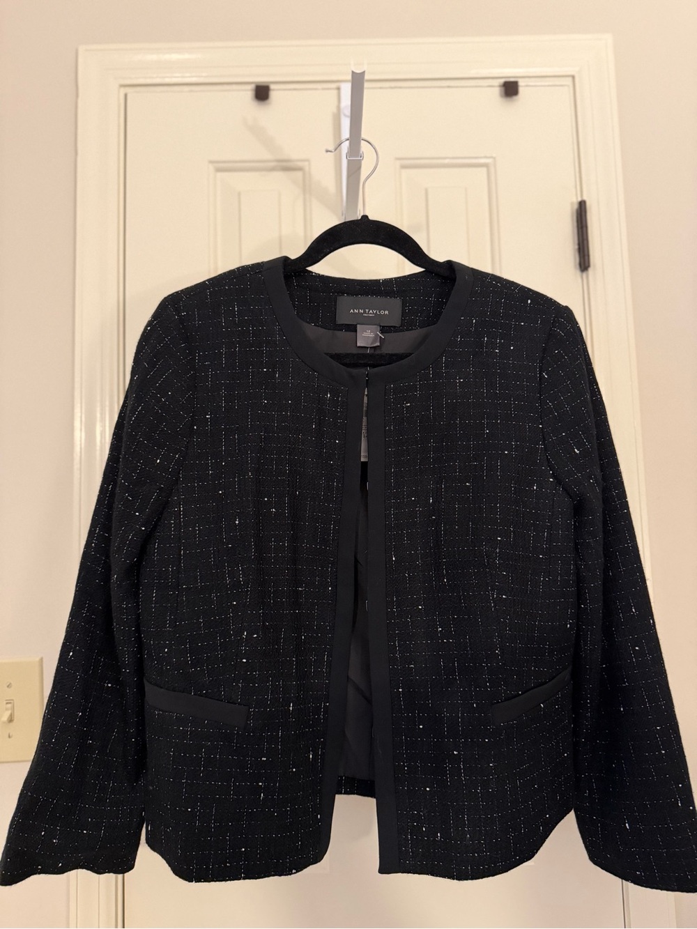 Ann Taylor Black Tweed Open-Front Blazer with Metallic Thread